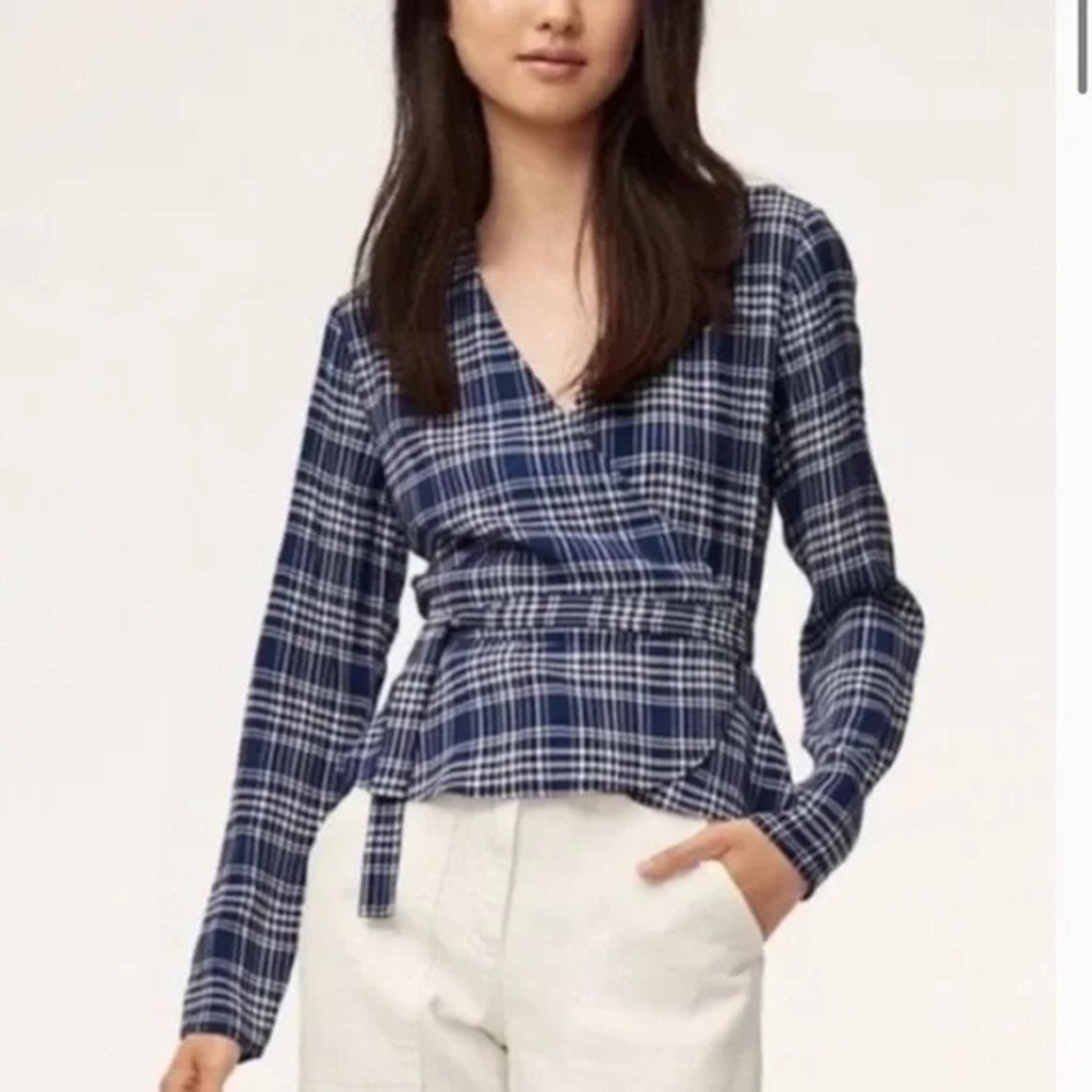 Wilfred Free Shannon Plaid Tie Wrap Blouse Blue White Sz Medium